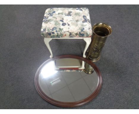 An oval framed mirror, cream and gilt floral dressing table stool, brass embossed stick pot, steam mop and a cordless floor s