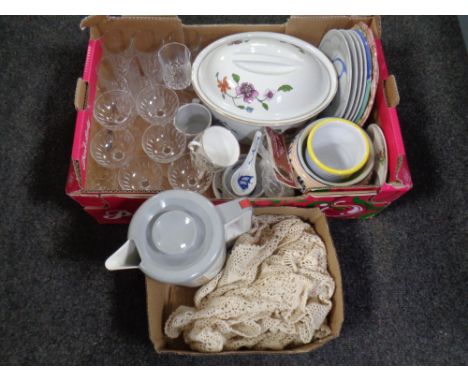 Two boxes of assorted glass ware, table linen, electric kettle, Royal Worcester Astley oven dish with lid etc 