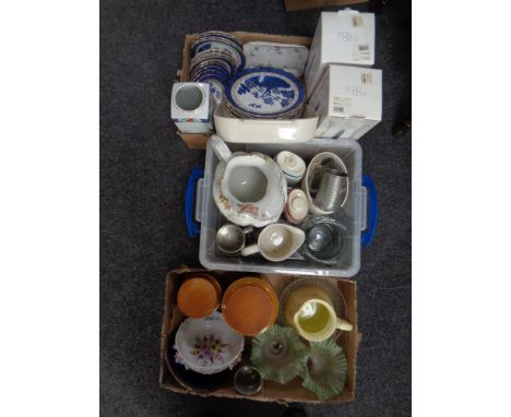 Two boxes and a crate of ceramics, willow pattern dinner ware, hurricane vases, Hornsea storage jars, Art Deco light shades e