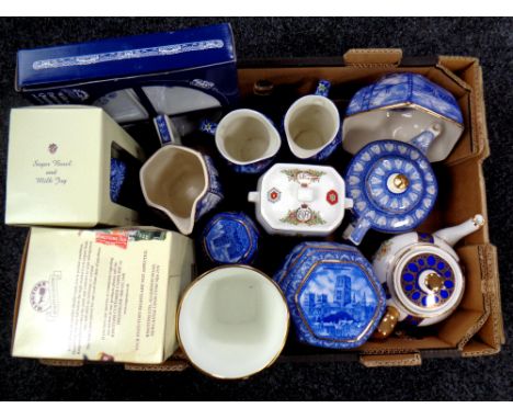 A box of a quantity of Ringtons ceramics to include cathedral caddy, bridges bowl, commemorative teapot, chintz tea ware etc 