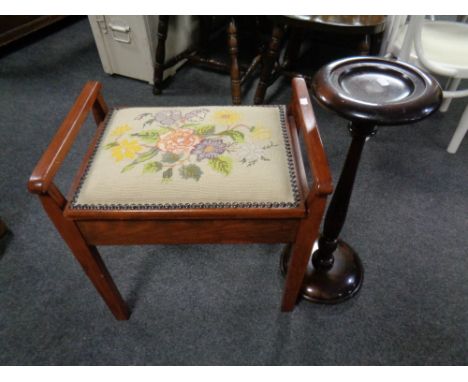 A 20th century tapestry upholstered piano stool containing sewing accessories and wool together with a smoker's stand 