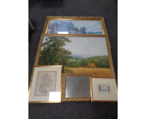 After John Constable : print, The Hay Wain in gilt frame, another gilt framed print, framed map of Bedfordshire, mirror, wate