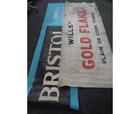 Two 20th century cigarette advertisement banners - Wills Gold Flake and Bristol Tipped Cigarettes 