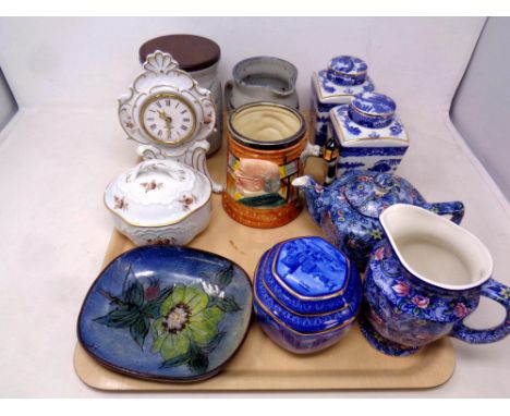 A tray of assorted ceramics - Ringtons teapot and water jug, Ringtons caddies, Sandland Ware plated rimmed tankard, West Germ