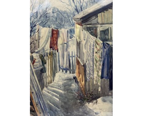 Soviet Impressionist School (Mid-20th century): Winter Garden Scene with Washing Line, watercolour unsigned 39cm x 28cm