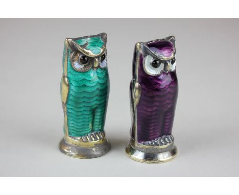 A pair of David Andersen silver and enamel owl peppers in purple and green, D A Norway, sterling silver to base, 5.5cm high (