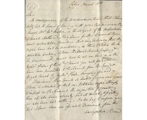 Plans for a Canal, 1813

Manuscript: An A.L.s. from Lord Cahir (Richard Butler, Baron Cahir) to "Harris Esq.," Chairman of th