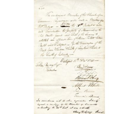Co. Waterford Postal interest: A single foolscap page Manuscript Document, signed by six members of the Chamber of Commerce, 