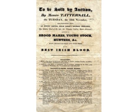 Unique Early Report of Early Irish Bloodstock Sale, 1832

Co. Kilkenny, Ireland: Tattersall (Messrs) Auctioneers. To be Sold 