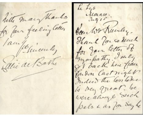          The King offers Comfort to 
The 'Jersey Lily'

DE BATHE, Lillie [nee Le Breton, better known as Lillie Langtry].  An