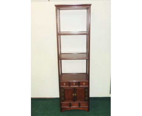 Modern Chinese mahogany tall slim display shelves with three drawer cabinet base. 170cm high 49cm wide 38cm deep.