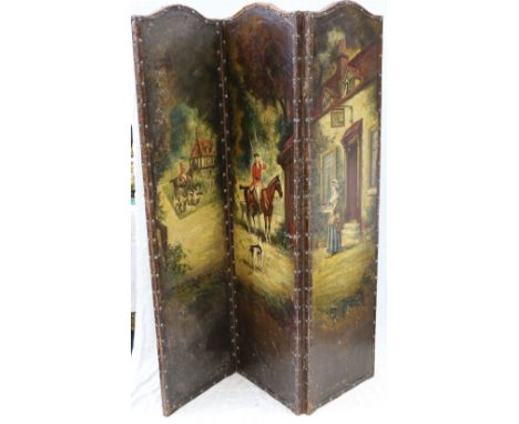 19th century three-fold dressing screen, the three panels decorated with tavern and hunting scenes, 140cm x 175cm.