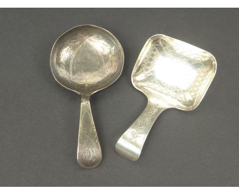 Silver caddy spoon with pin struck saltine and chequers, by Cocks and Bettridge, 1809 and another with circular bowl, Joseph 