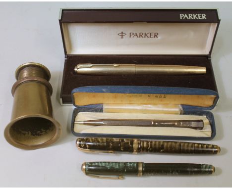 Two vintage Parker Vacumatic fountain pens with pearlescent striped barrels in brown and green, a Parker rolled gold fountain