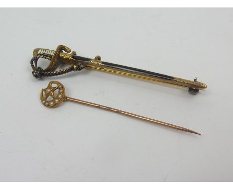 Enamelled gold brooch modelled as a sword, 15ct" and a scarf pin, with pearls.
