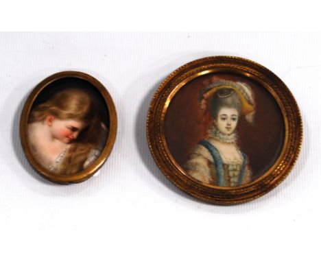 Early 20th century French circular portrait miniature of an 18th century lady in dress, on ivory, unsigned, 6cm diameter, tog