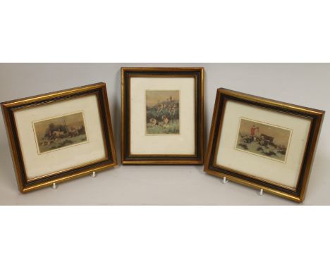 Pair of small hand coloured prints of hunting scenes after originals by Arthur Batt, each approx 7cm x 10cm, also another sim