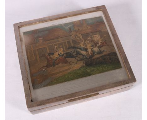Large silver cigarette box, the hinged lid inset with print of "The First Steeple Chase on Record", London 1929, 20.5cm.