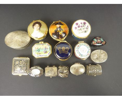Silver oval box with engraved lid, two others, similar, a Royal Worcester porcelain box "Thyme" and twelve others various. (1