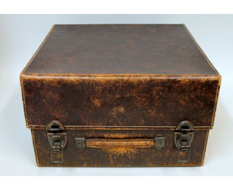 Vintage leather "Gothic" gramophone case of square form, 39cm wide.