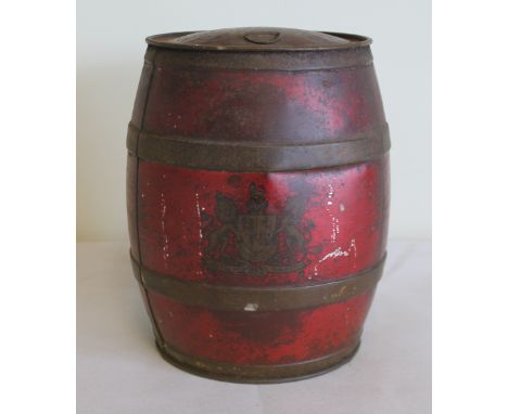 Vintage Colman's mustard powder tin in the form of a barrel, holding 5lb, the red ground decorated with fleur-de-lis and cres