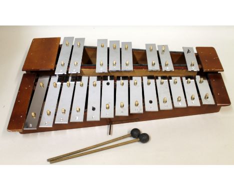 Vintage glockenspiel, the wooden body with metal bars, 56cm long.