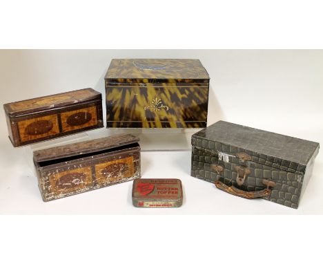 Five vintage toffee / biscuit tins, including "Bluebird Luxury Assortment" 26cm wide, "Turnwright's Toffee D-Light" two "CWS 