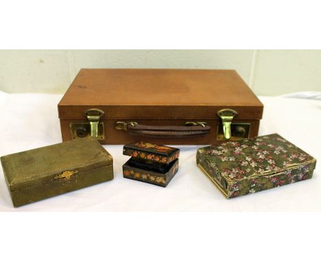 Vintage brown pig skin leather writing case, 36cm wide, together with two sealing sets, and a small Indian papier mache stamp