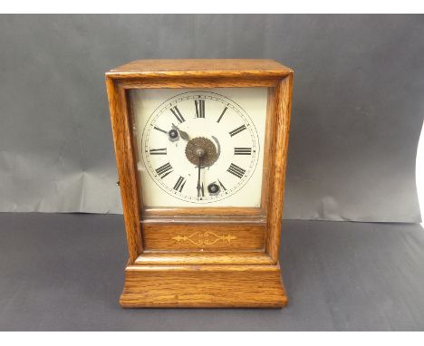 19th Century German thirty hour alarm clock, inlaid oak case, 26cm high.