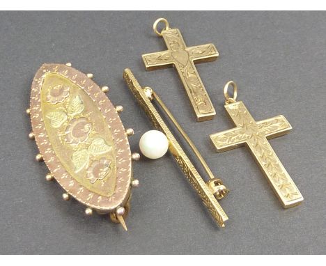 Two gold crosses, a similar pin with pearl and an oval brooch, 1898.