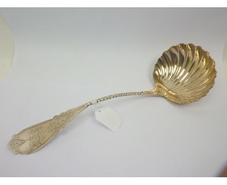 American silver soup ladle with scallop bowl, spiral stem and engraved by C. F. Dufeu, Chillicothe, circa 1870. 5oz