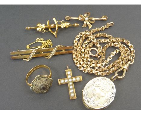 Engraved gold back and front locket, a necklace "10ct", a pearl set cross, two similar bar brooches and another, and a metal 