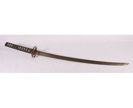 Japanese Katana sword with iron simple tsuba, the bound sharkskin handle with two menuki, the pommel iron with inlaid pine tr