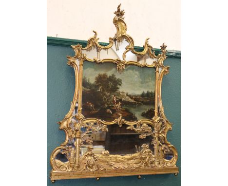 Chippendale style gilded overmantle mirror in the 18th century style, the crested pediment with foliage and fluted urns, pain