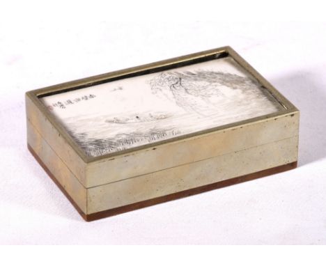 Chinese early 20th century box of rectangular section with copper base, the lid with an inset porcelain panel depicting figur