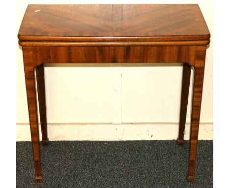 Whytock & Reid walnut card table, the folding top with beige baize skiver, on square collared legs, 72cm.