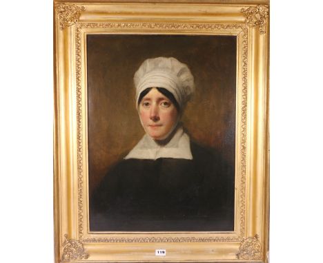 Circle of HENRY RAEBURN Portrait of a lady wearing bonnet Oil on canvas, 44cm x 60cm    CONDITION REPORT:  White specks of pa