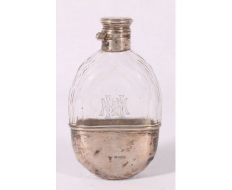 Victorian silver mounted glass spirit hip flask with faceted reservoir, London 1861, maker ECR.