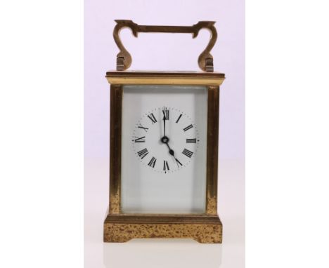 French brass carriage clock with enamel dial, Roman numerals in corniche case, 15cm high