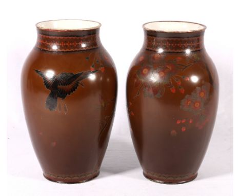 Pair of Japanese enamel on porcelain vases, the brown bodies decorated with birds on flowering branches, between bands of dec