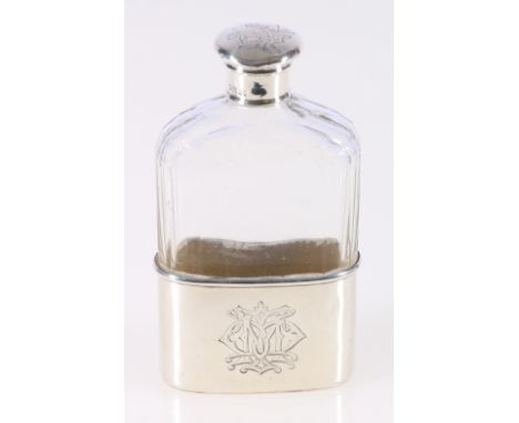 Victorian silver mounted hip flask with detachable cup, engraved monogram, 12.5cm.