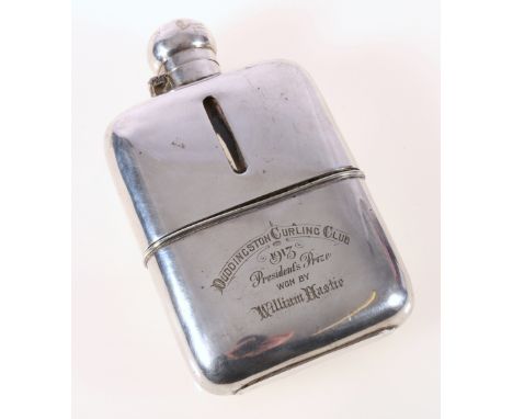 Silver plated hip flask, with Duddingston Curling Club engraved inscription, dated 1913, 16cm.