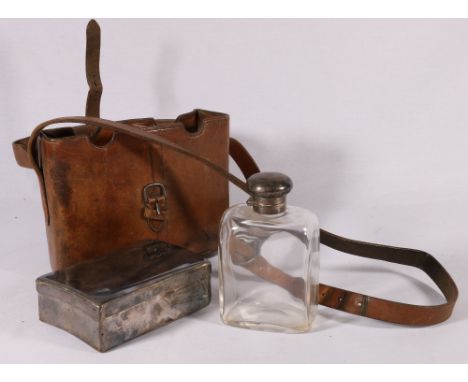 Vintage tan leather cased sandwich box and flask, retailed by Merry of St James St., the silver plated box of rectangular for