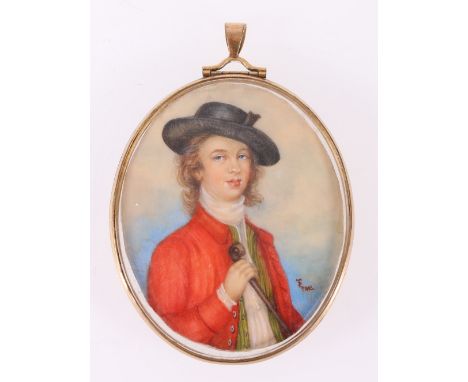 DOROTHY TWITON? Portrait miniature of a Country Youth Monogrammed DT QRMS, watercolour on sheet ivory, 65,cm x 7,5cm in pinch