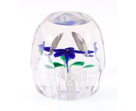 20th century Art Glass paperweight with botanical posy centre and faceted body, inset rod marked SL, perhaps St Louis, 8cm.