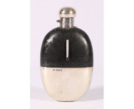 Walker & Hall silver and leather hip flask with hinged bayonet cap and detachable cup, Sheffield 1902, 16.5cm.   CONDITION RE