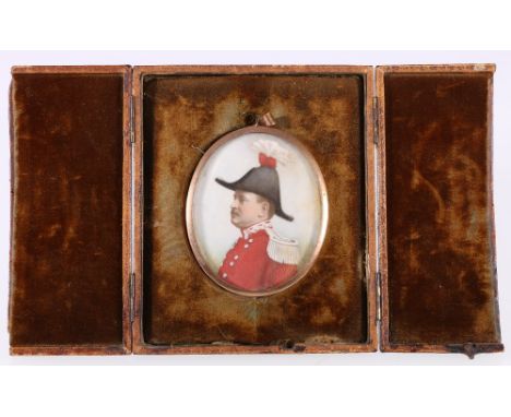 19th CENTURY SCHOOL Bust length portrait miniature of an officer wearing bicorn Unsigned, watercolour on sheet ivory, 6cm x 7