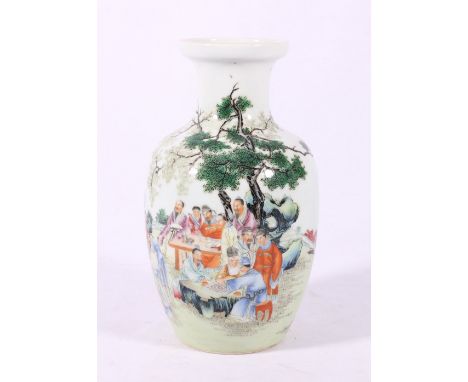 20th century Chinese famille verte vase of tapering form, detailed paintings of figures and scholars in a garden setting play