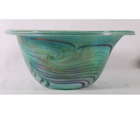 John Ditchfield Glasform 5457 Art Glass bowl with swirl design on a peacock green ground, signed to base also label to base 0