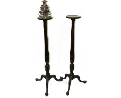 Pair of 19th century torcheres (one converted to a lamp) with reeded columns, raised on snake supports terminating in ball an